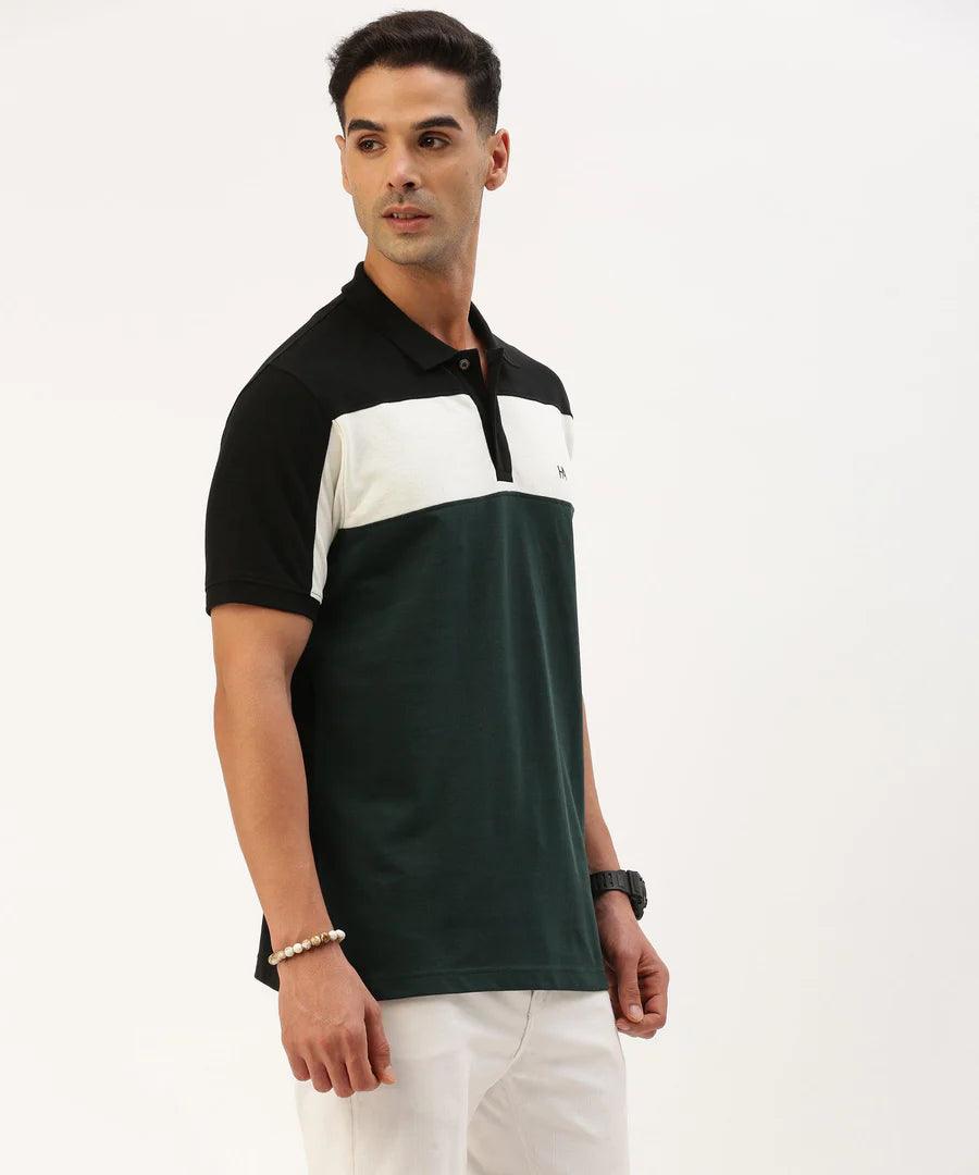 Men’s Black Color Block Polo T-Shirt – Bold Panel Contrast Smart Casual Essential
