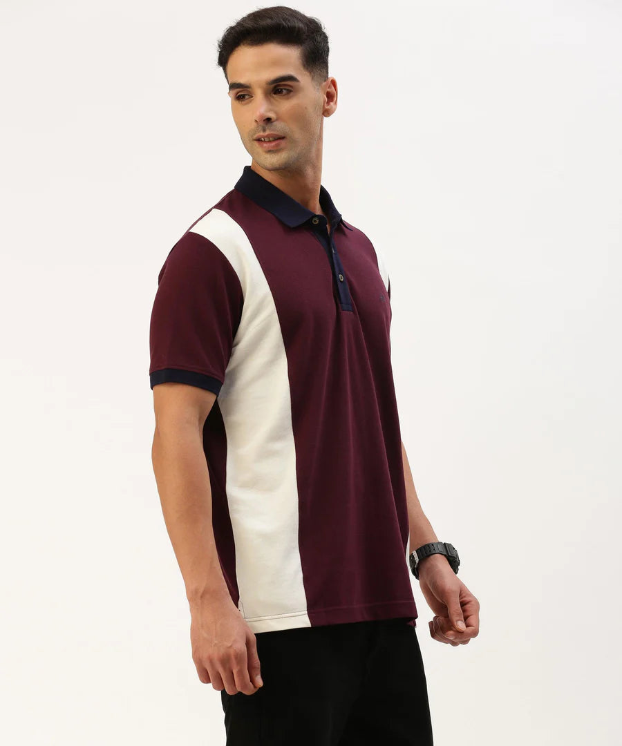 Men’s Deep Wine Color Block Polo T-Shirt – Bold Contrast Premium Smart Casual Wear