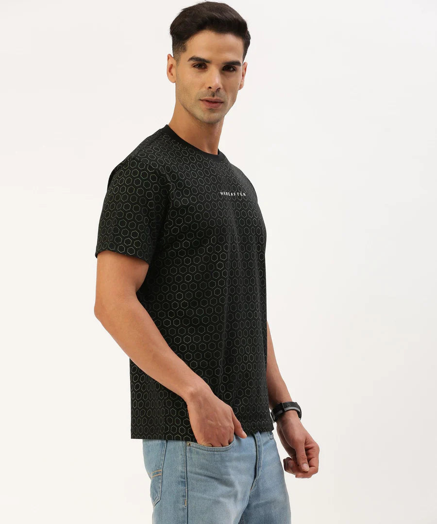 Men’s Jet Black Printed Crew Neck T-Shirt – Bold Detail Premium Casual Essential