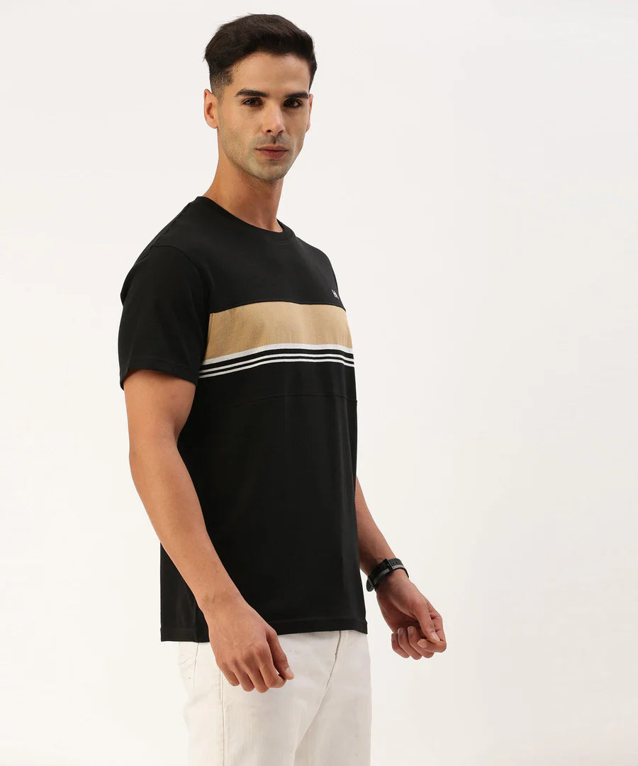 Men’s Jet Black Striped Crew Neck T-Shirt – Sharp Contrast Everyday Essential