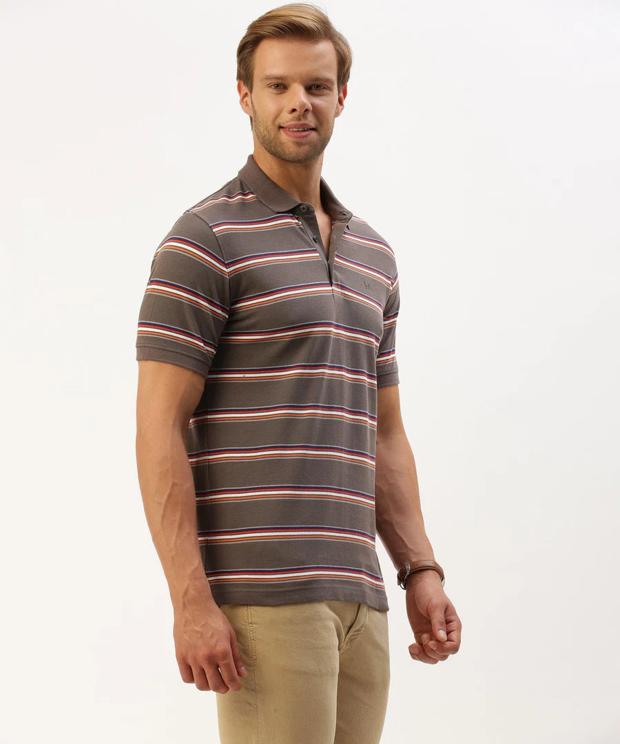 Men’s Dark Grey Striped Polo T-Shirt – Sleek Contrast Smart Casual Essential