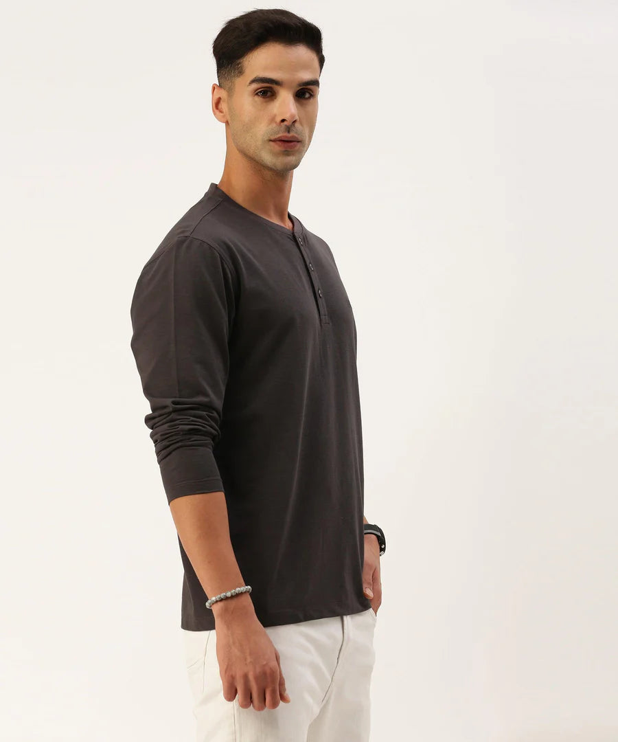 Men’s Dark Grey Solid Henley Neck T-Shirt – Modern Rugged Everyday Essential