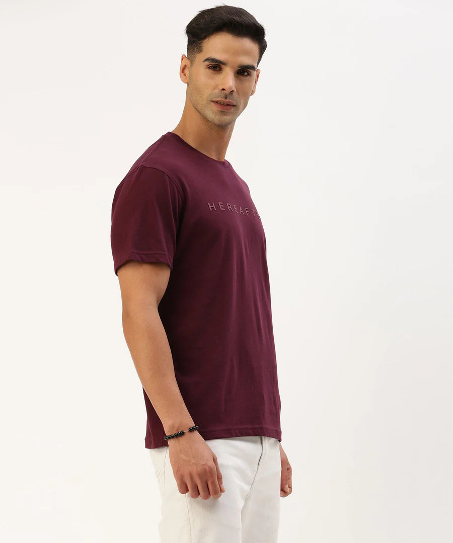 Men’s Deep Wine Logo Detail Crew Neck T-Shirt – Premium Signature Casual Wear