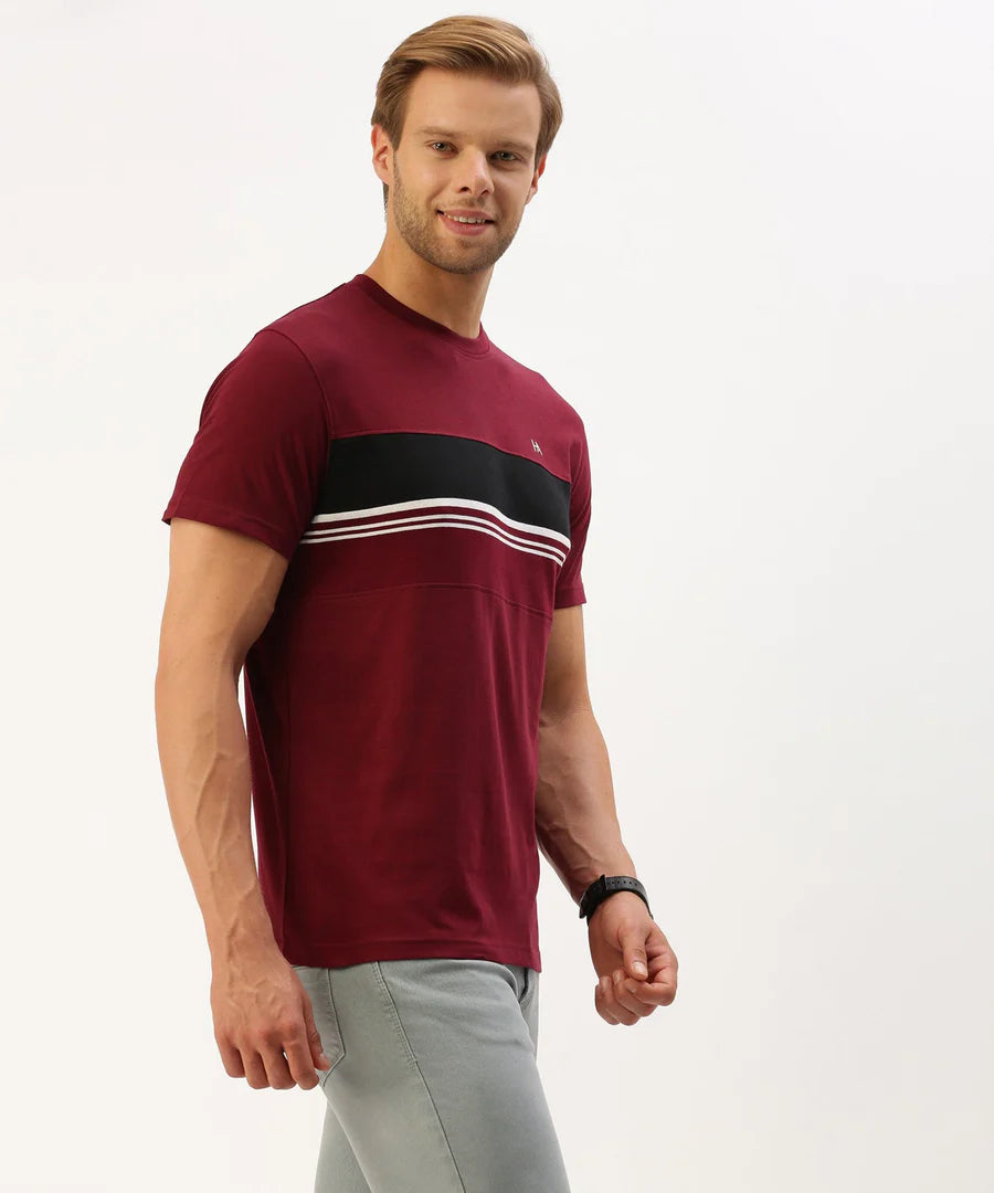 Men’s Burgundy Striped Crew Neck T-Shirt – Rich Contrast Casual Essential