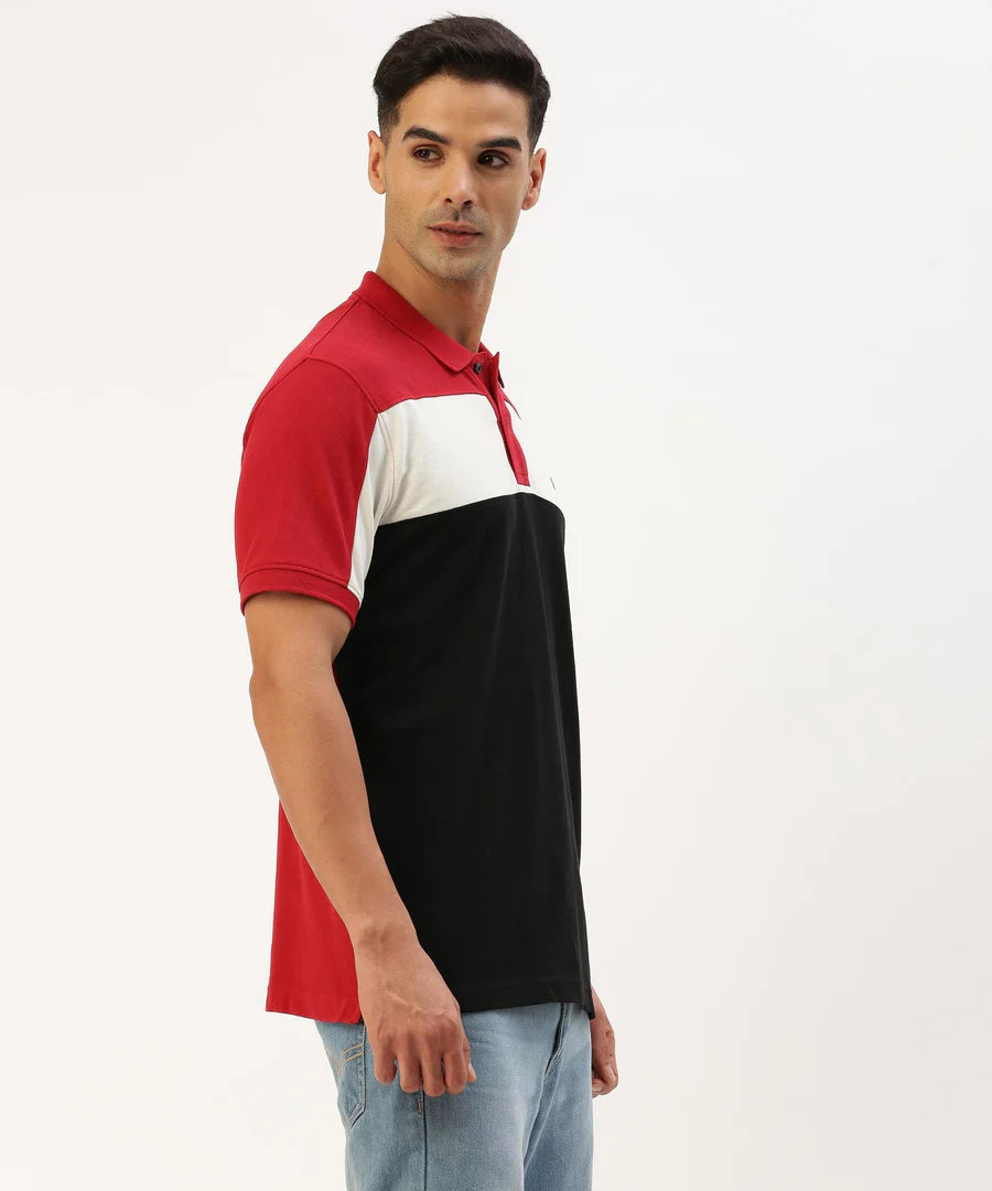 Men’s Crimson Red Color Block Polo T-Shirt – Bold Contrast Smart Casual Essential