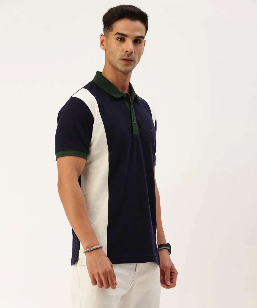 Men’s Navy Color Block Polo T-Shirt – Sharp Contrast Modern Smart Casual Wear
