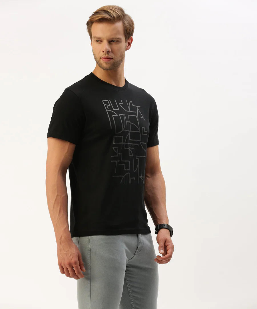 Men’s Jet Black Graphic Crew Neck T-Shirt – Bold Statement Streetwear Essential