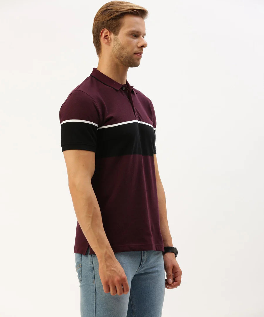 Men’s Wine Striped Polo T-Shirt – Rich Contrast Premium Smart Casual Wear