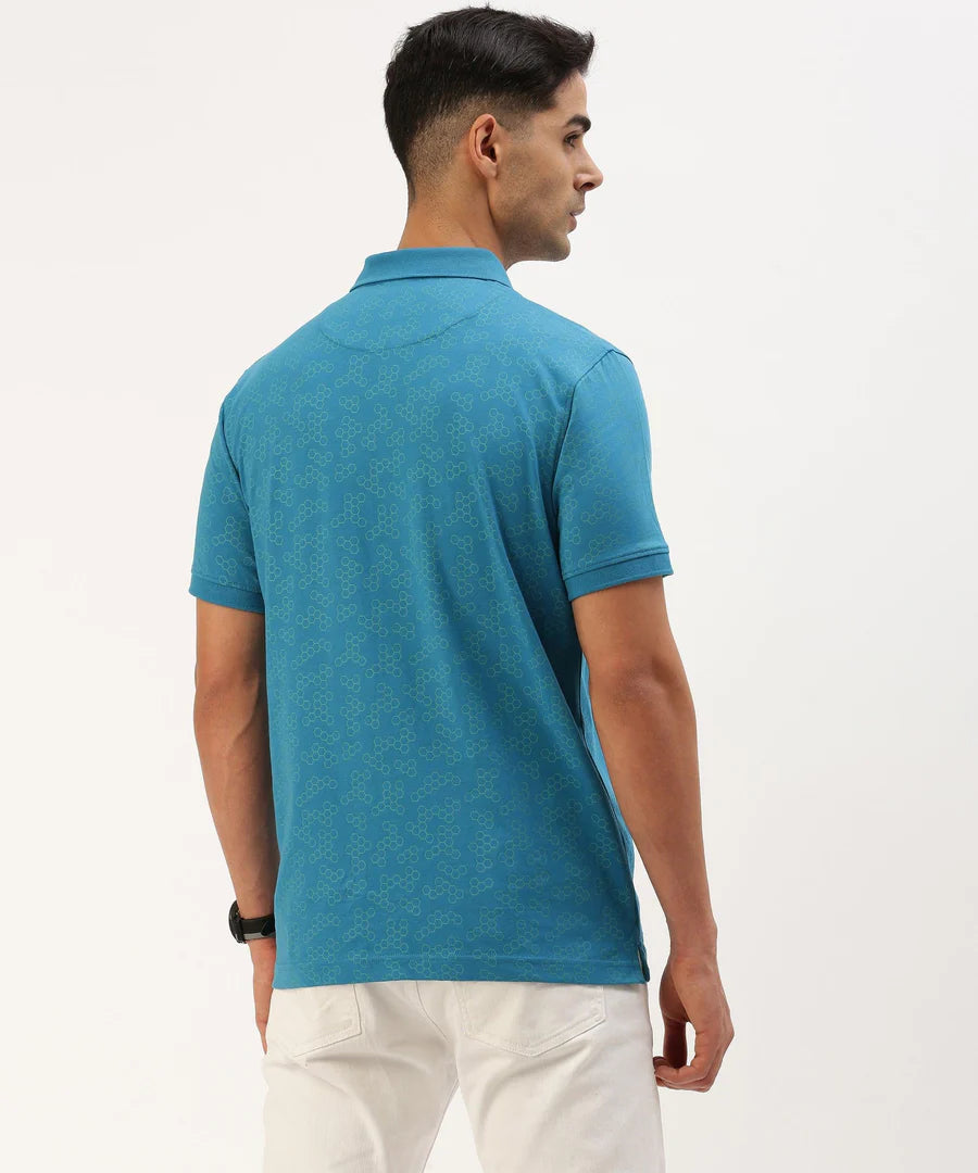 Men’s Teal Blue Printed Polo T-Shirt – Contemporary Pattern Smart Casual Essential