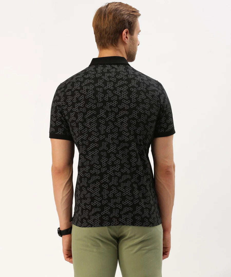Men’s Black Printed Polo T-Shirt – Bold Pattern Smart Casual Essential