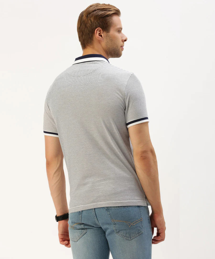 Men’s Navy Striped Polo T-Shirt – Classic Contrast Everyday Essential