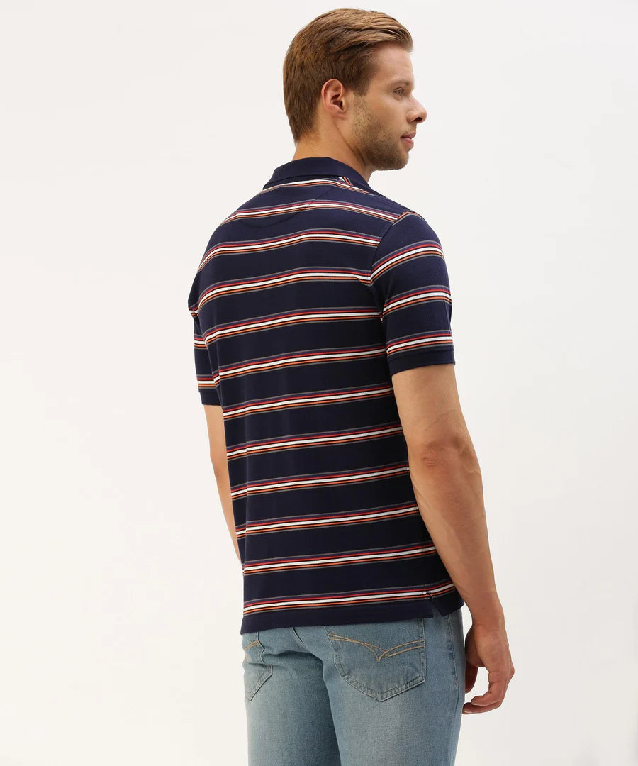 Men’s Navy Striped Polo T-Shirt – Refined Line Detail Smart Casual Wear