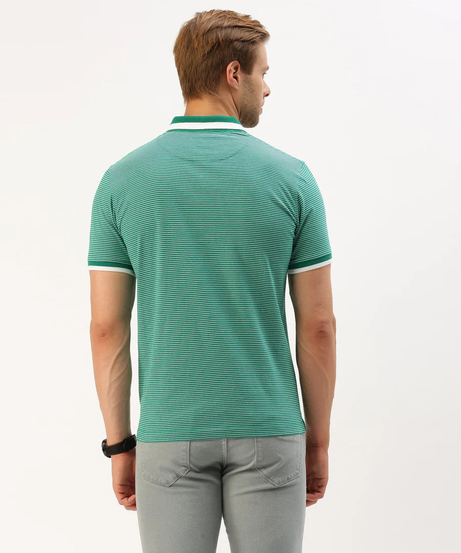 Men’s Green Striped Polo T-Shirt – Fresh Contrast Smart Casual Wear