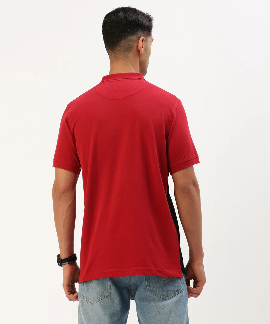 Men’s Crimson Red Color Block Polo T-Shirt – Bold Contrast Smart Casual Essential