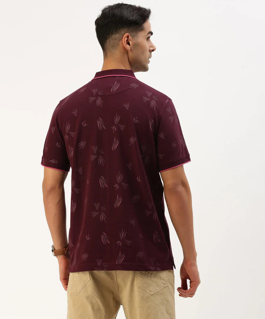 Men’s Deep Wine Printed Polo T-Shirt – Rich Pattern Premium Smart Casual Wear