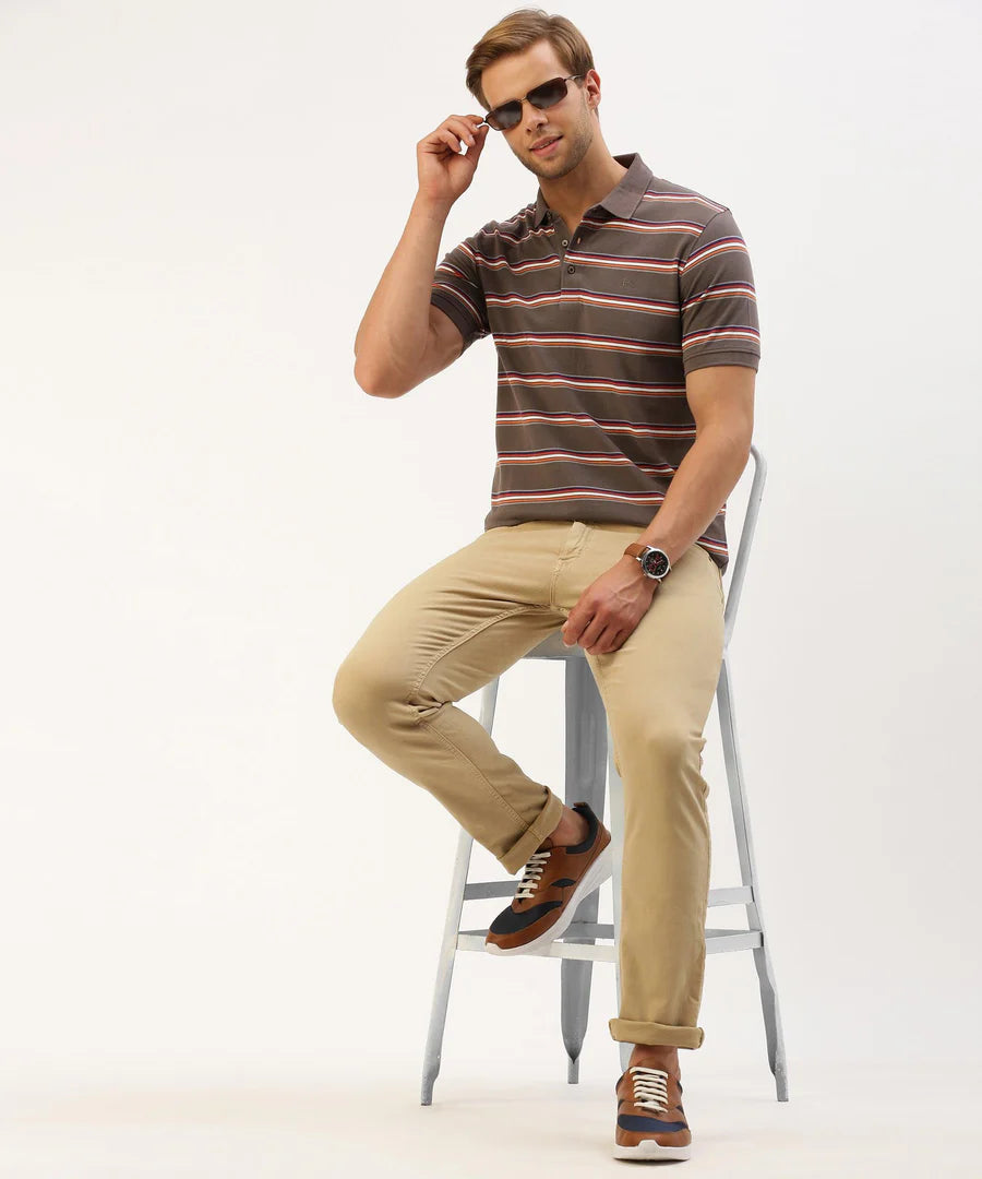 Men’s Dark Grey Striped Polo T-Shirt – Sleek Contrast Smart Casual Essential