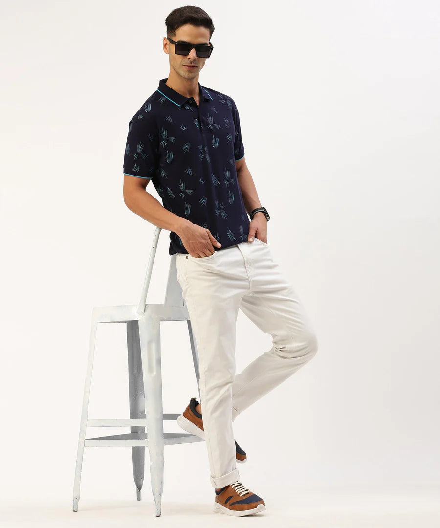 Men’s Navy Printed Polo T-Shirt – Refined Pattern Smart Casual Essential