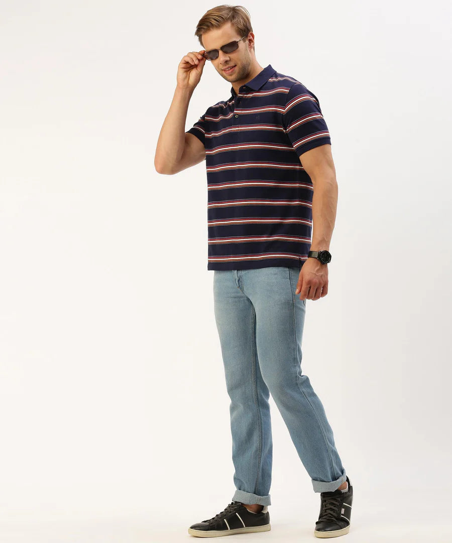 Men’s Navy Striped Polo T-Shirt – Refined Line Detail Smart Casual Wear