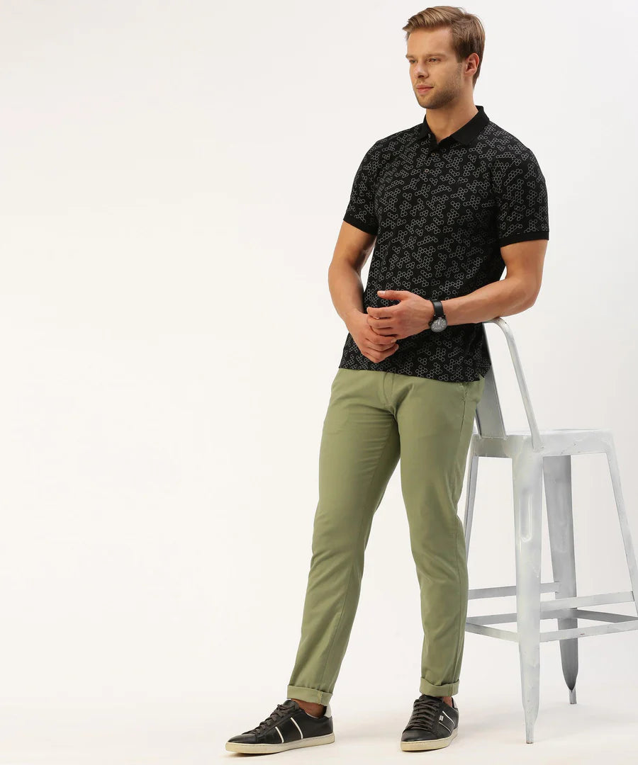 Men’s Black Printed Polo T-Shirt – Bold Pattern Smart Casual Essential