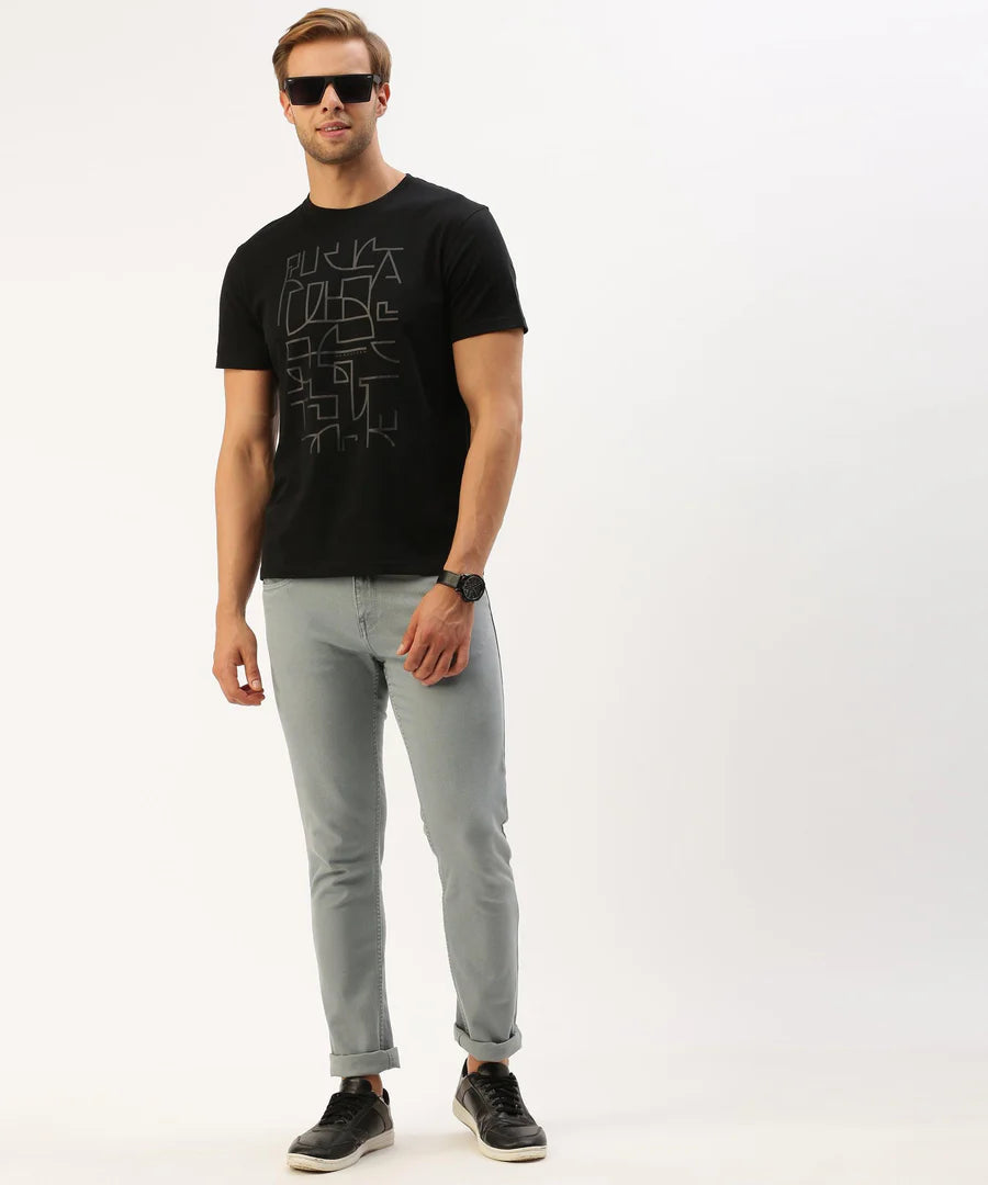 Men’s Jet Black Graphic Crew Neck T-Shirt – Bold Statement Streetwear Essential