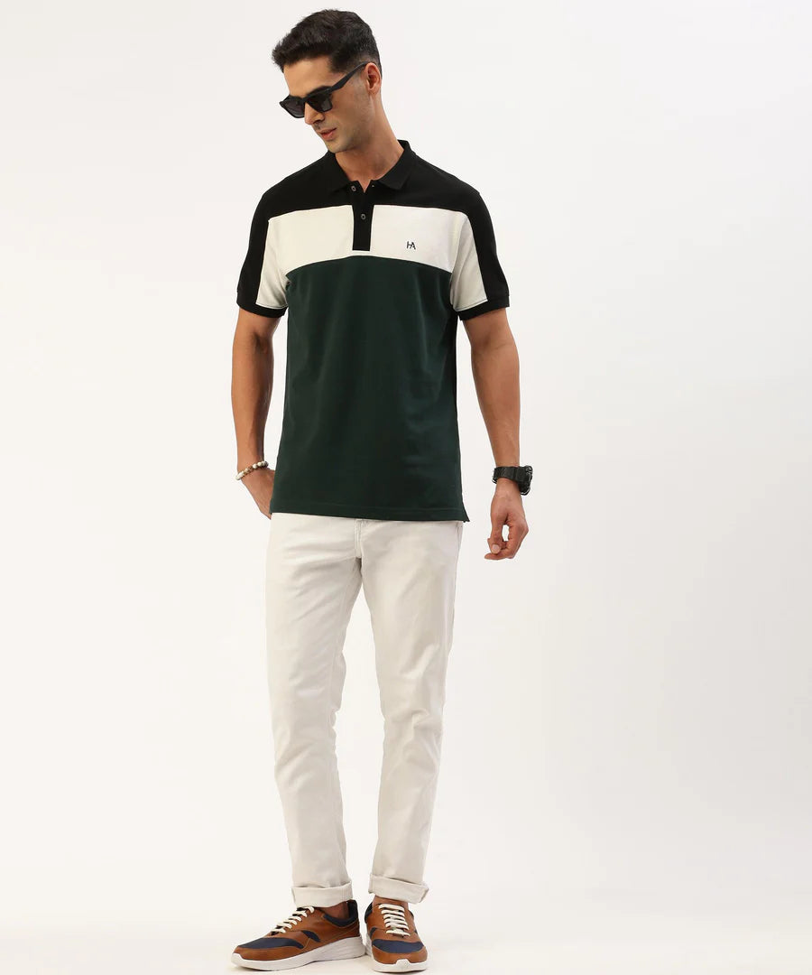 Men’s Black Color Block Polo T-Shirt – Bold Panel Contrast Smart Casual Essential