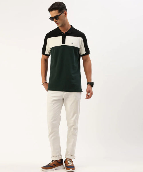 Men’s Black Color Block Polo T-Shirt – Bold Panel Contrast Smart Casual Essential