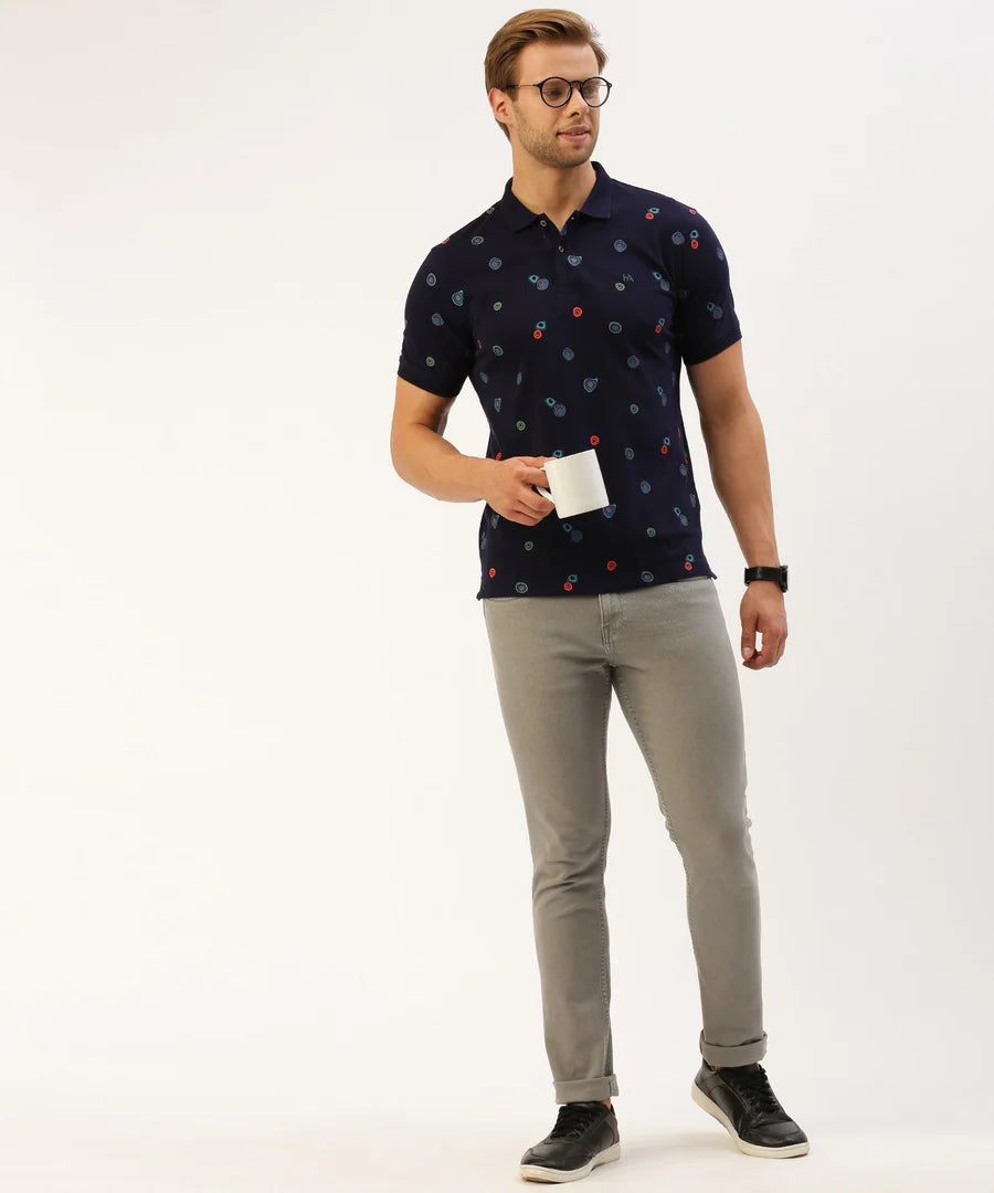 Men’s Midnight Navy Printed Polo T-Shirt – Premium Pattern Smart Casual Essential