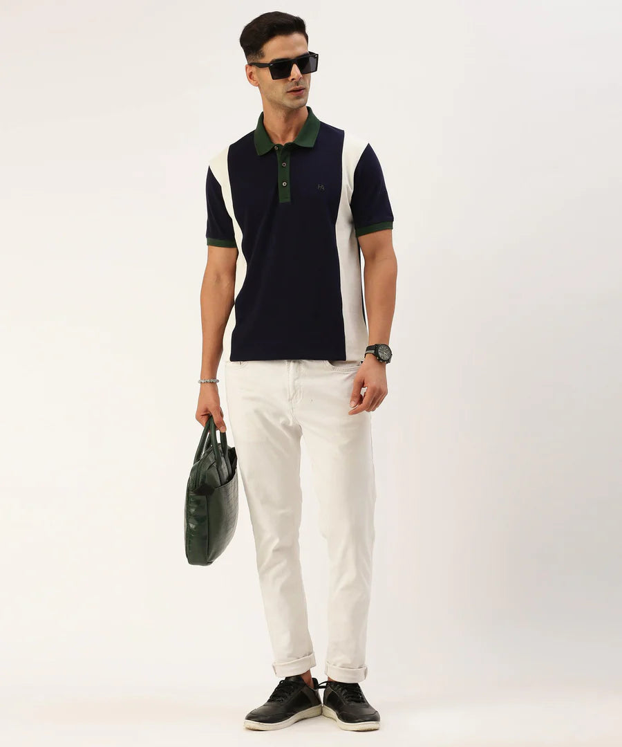 Men’s Navy Color Block Polo T-Shirt – Sharp Contrast Modern Smart Casual Wear
