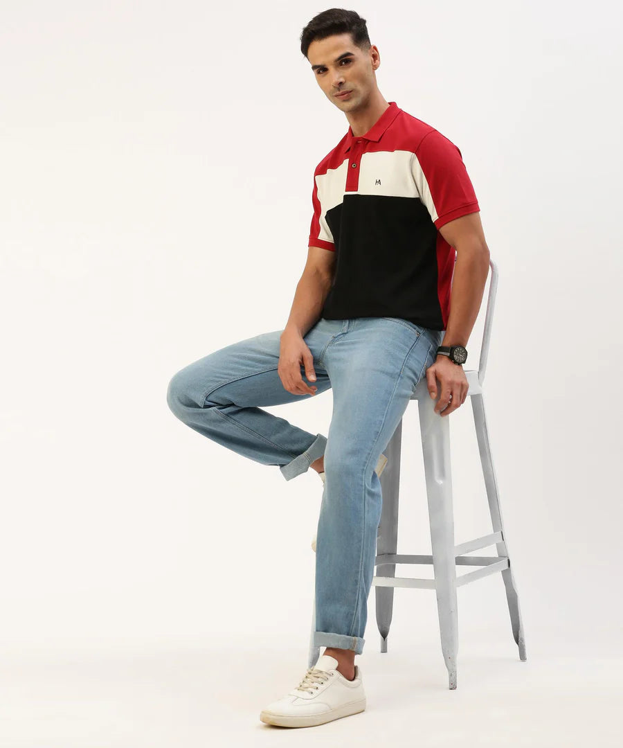 Men’s Crimson Red Color Block Polo T-Shirt – Bold Contrast Smart Casual Essential