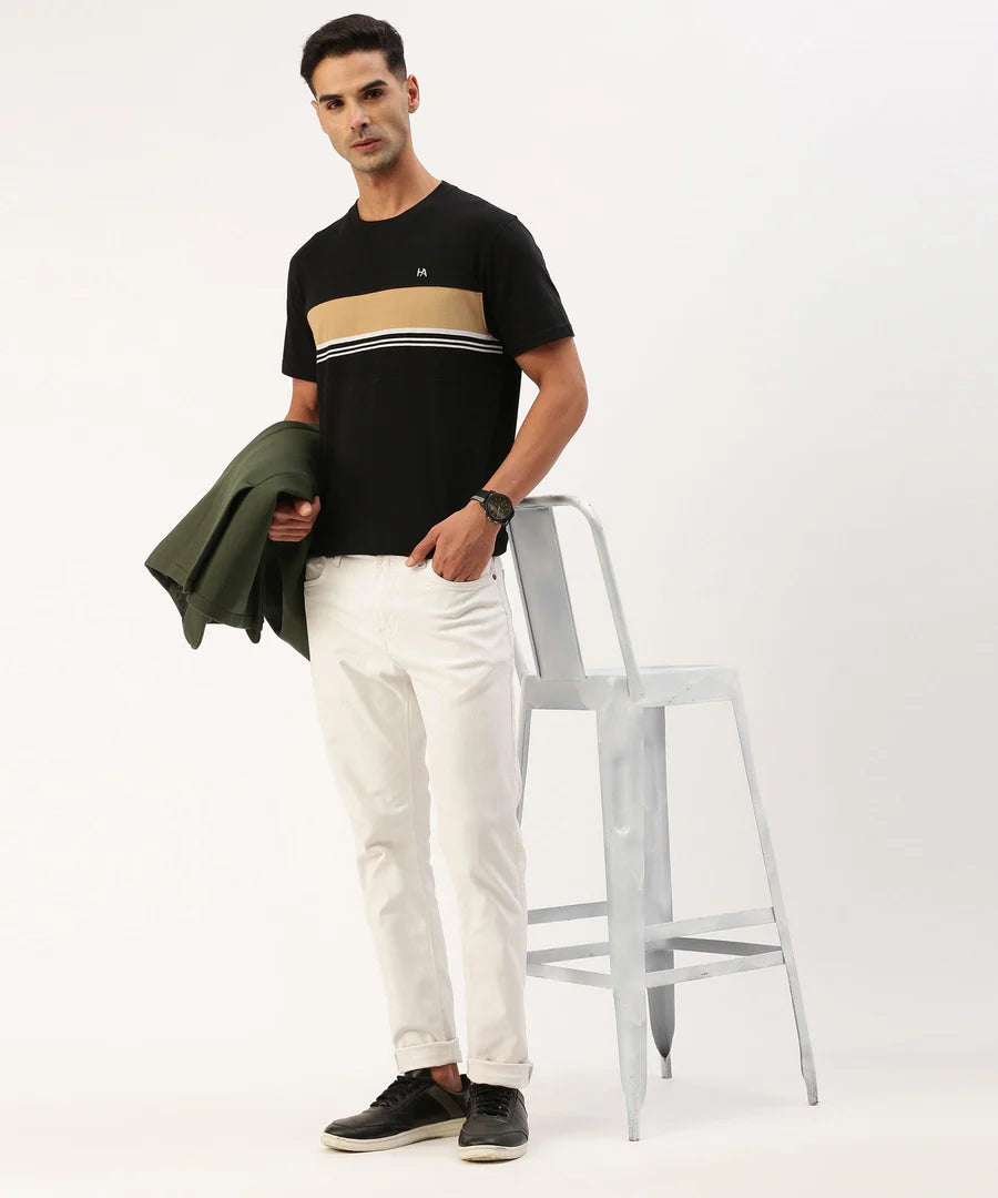 Men’s Jet Black Striped Crew Neck T-Shirt – Sharp Contrast Everyday Essential