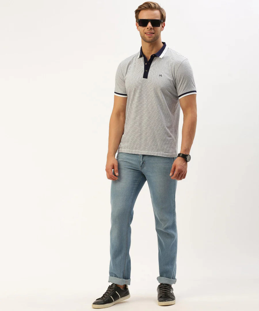 Men’s Navy Striped Polo T-Shirt – Classic Contrast Everyday Essential
