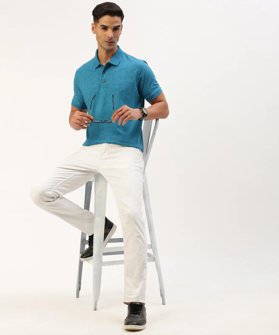 Men’s Teal Blue Printed Polo T-Shirt – Contemporary Pattern Smart Casual Essential