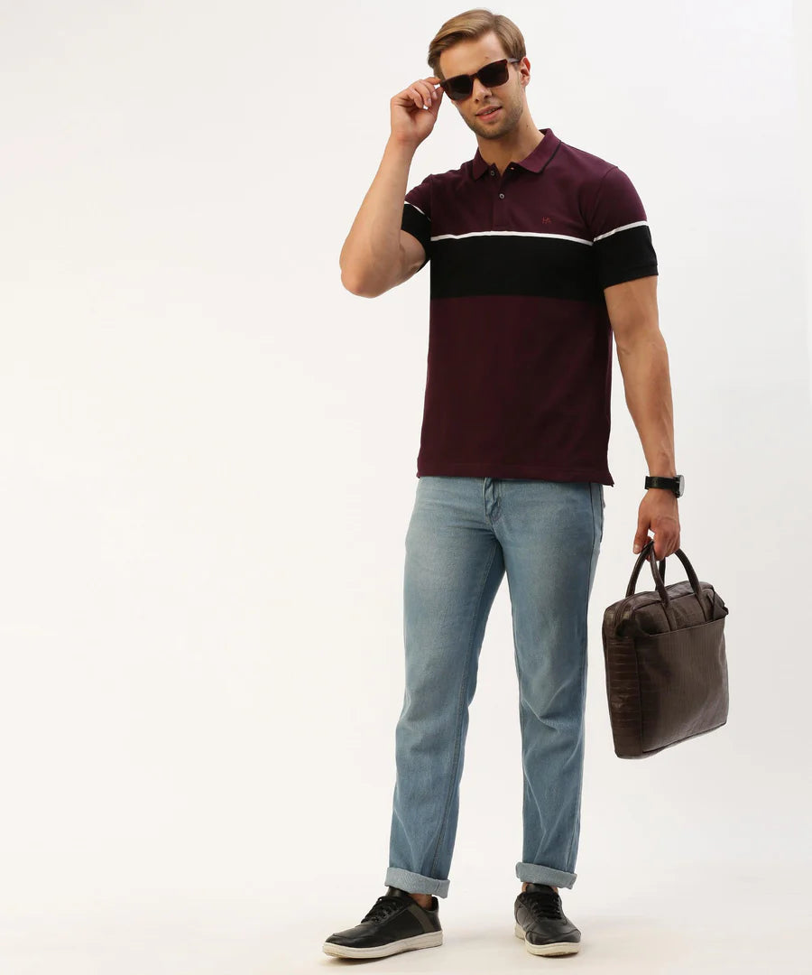 Men’s Wine Striped Polo T-Shirt – Rich Contrast Premium Smart Casual Wear