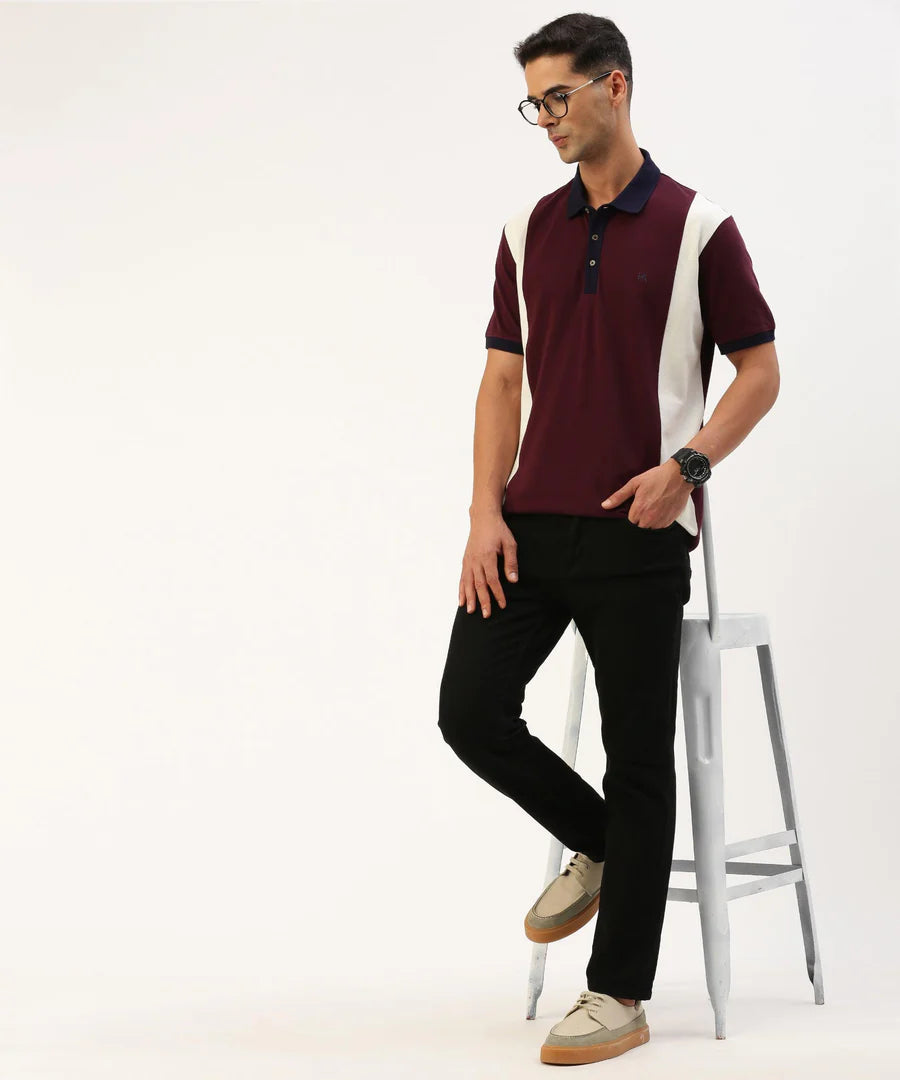 Men’s Deep Wine Color Block Polo T-Shirt – Bold Contrast Premium Smart Casual Wear