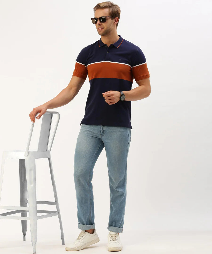Men’s Navy Stripe Pattern Polo T-Shirt – Sharp Contrast Smart Casual Essential