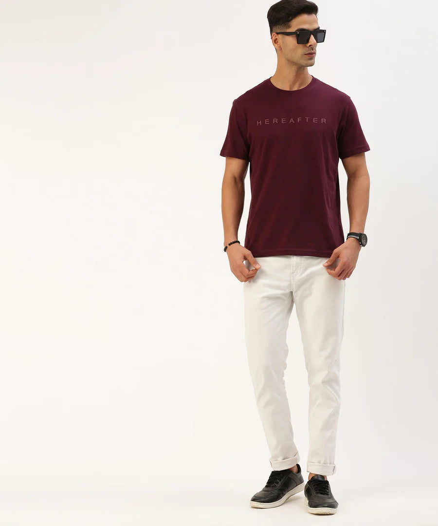 Men’s Deep Wine Logo Detail Crew Neck T-Shirt – Premium Signature Casual Wear