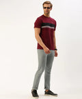 Men’s Burgundy Striped Crew Neck T-Shirt – Rich Contrast Casual Essential