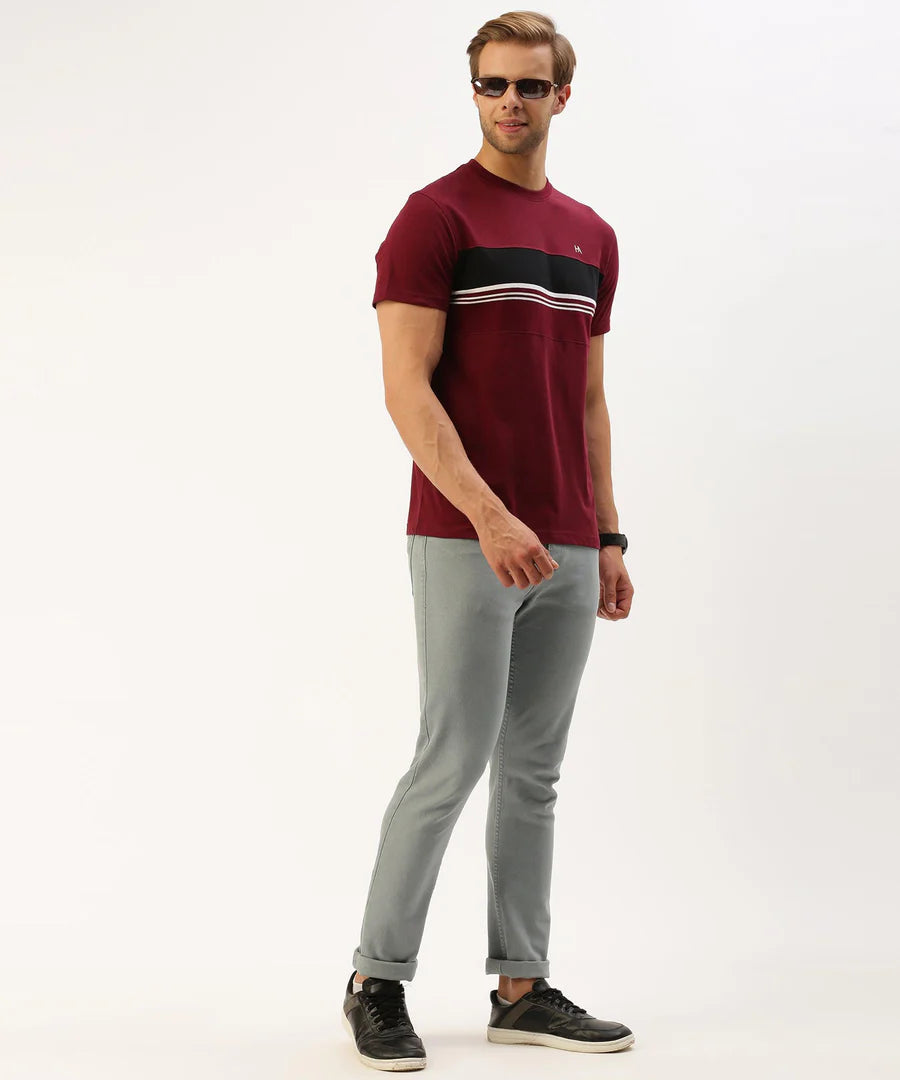 Men’s Burgundy Striped Crew Neck T-Shirt – Rich Contrast Casual Essential