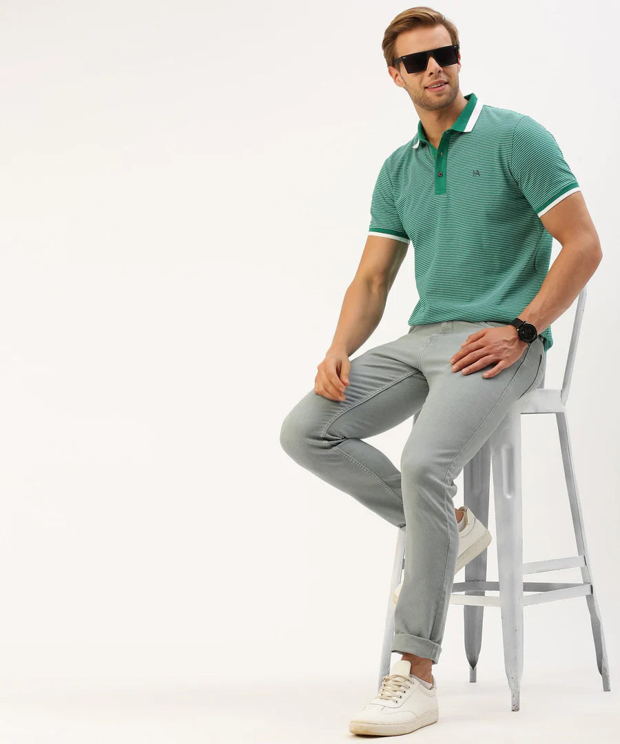 Men’s Green Striped Polo T-Shirt – Fresh Contrast Smart Casual Wear