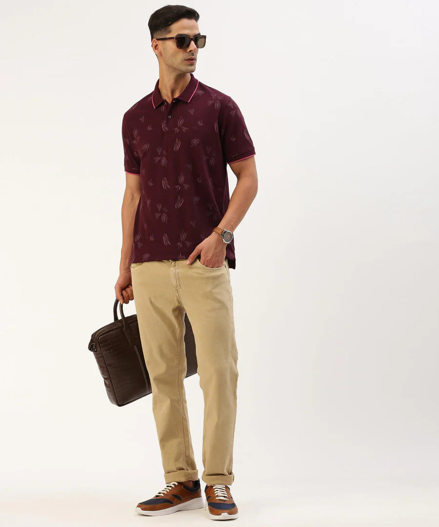 Men’s Deep Wine Printed Polo T-Shirt – Rich Pattern Premium Smart Casual Wear
